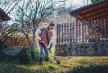Žena s elektrickým nářadím uklízí spadané listí a trávu na zahradě