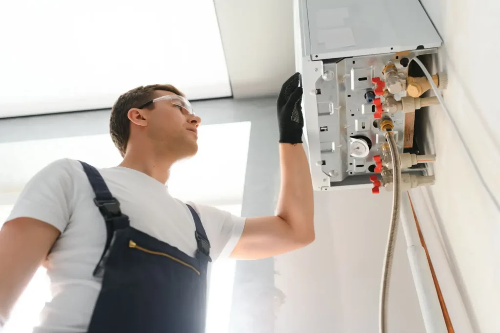 Technik v pracovním oblečení provádí kontrolu kotle