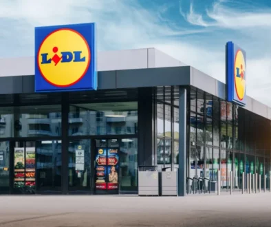 Pohled na vstupní část moderní prodejny Lidl s velkým logem a skleněnou fasádou