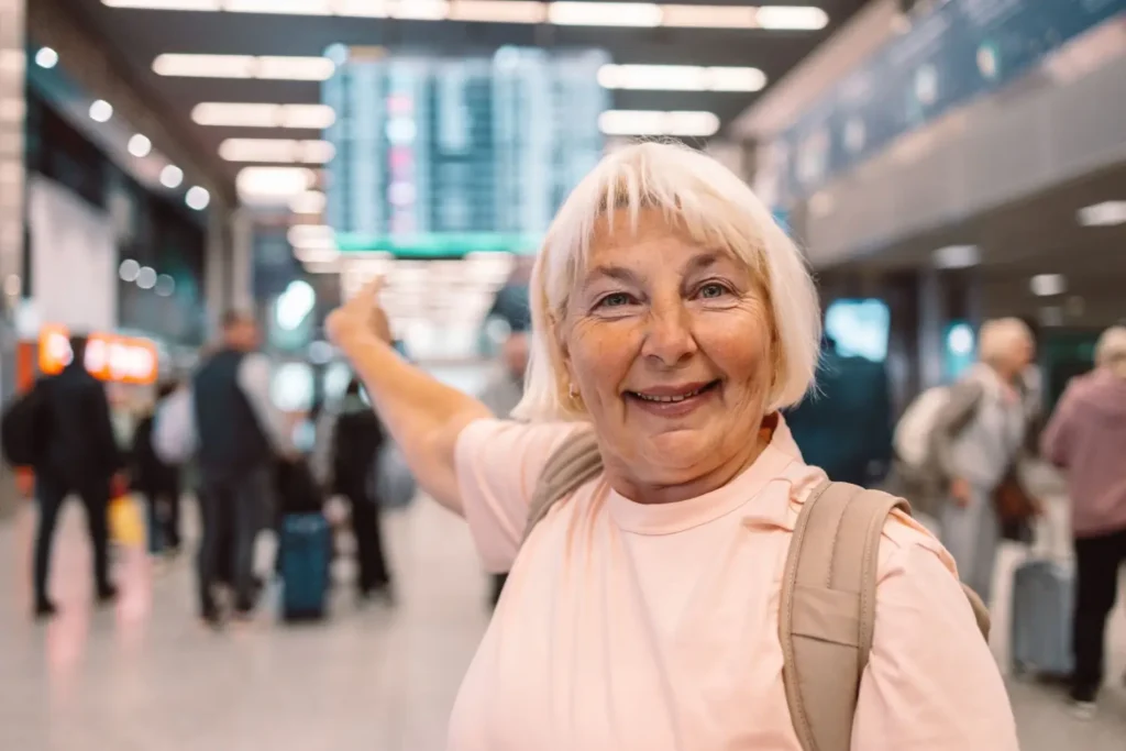 - ByznysDeník Seniorka s batůžkem na letišti ukazuje směrem k odletové tabuli