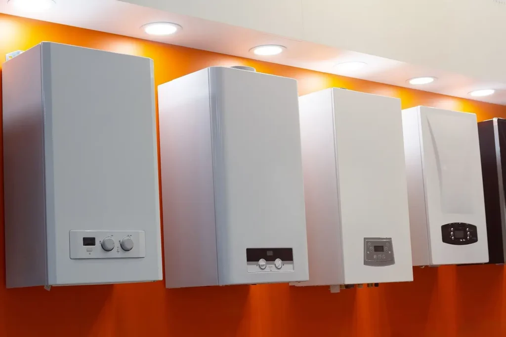 Řada moderních nástěnných plynových kotlů vystavených v obchodě s vytápěcí technikou