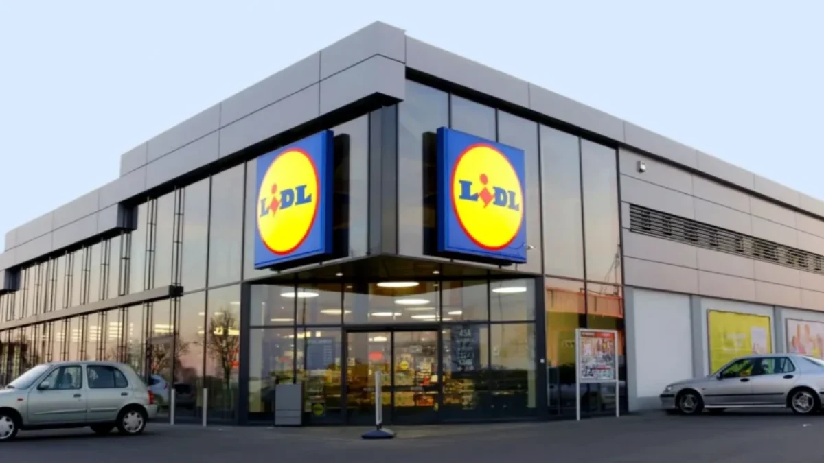 Moderní prodejna Lidl s prosklenou fasádou a výrazným logem na dvou stranách budovy.