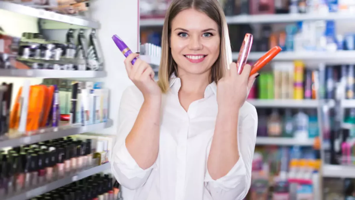 Stylově oblečená žena držející řasenky v rukách