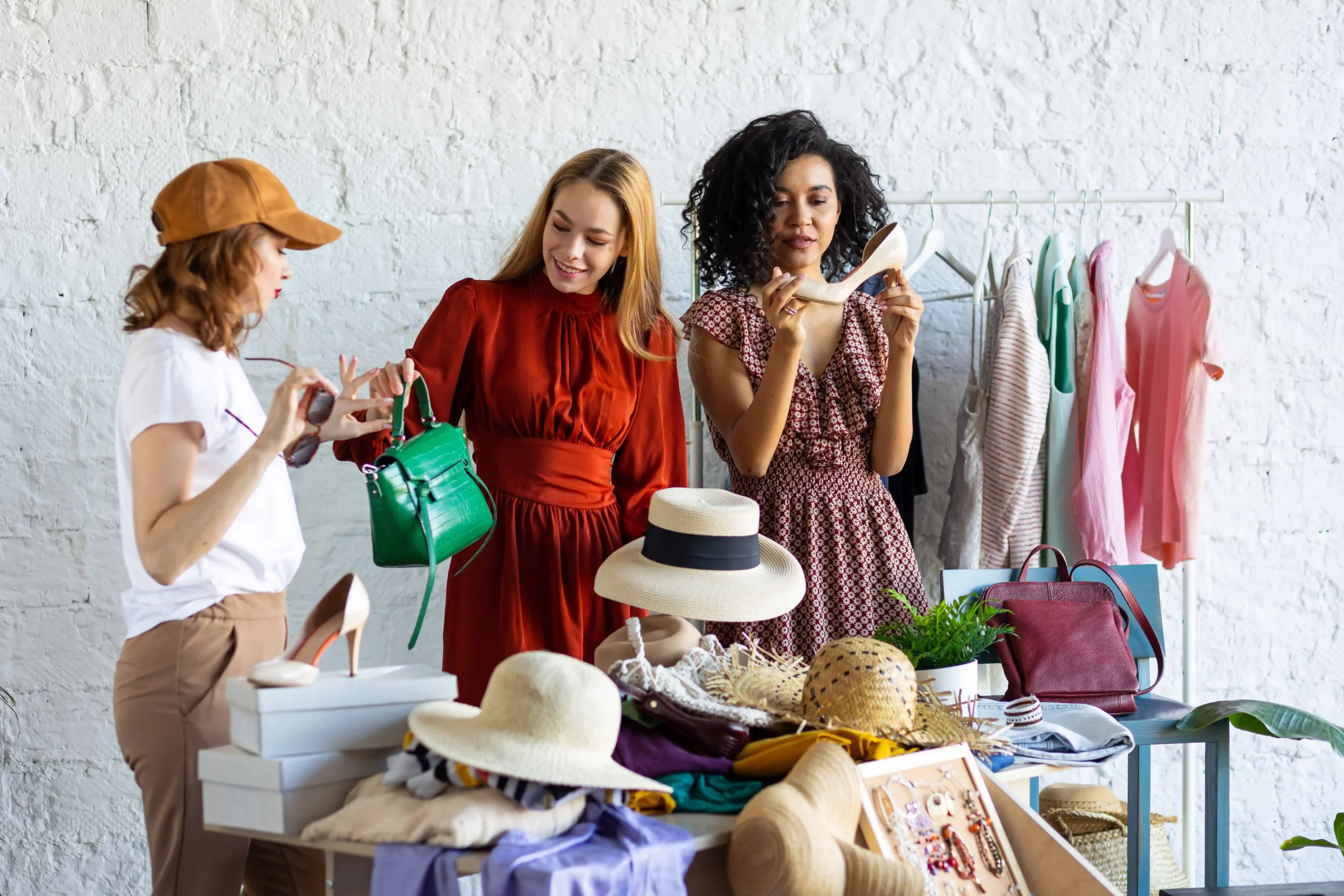 Skupinka žen si prohlíží oblečení