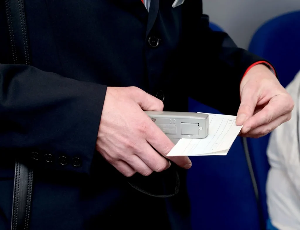 Detailní záběr na ruce průvodčího, který právě kontroluje a štípe papírovou jízdenku.
