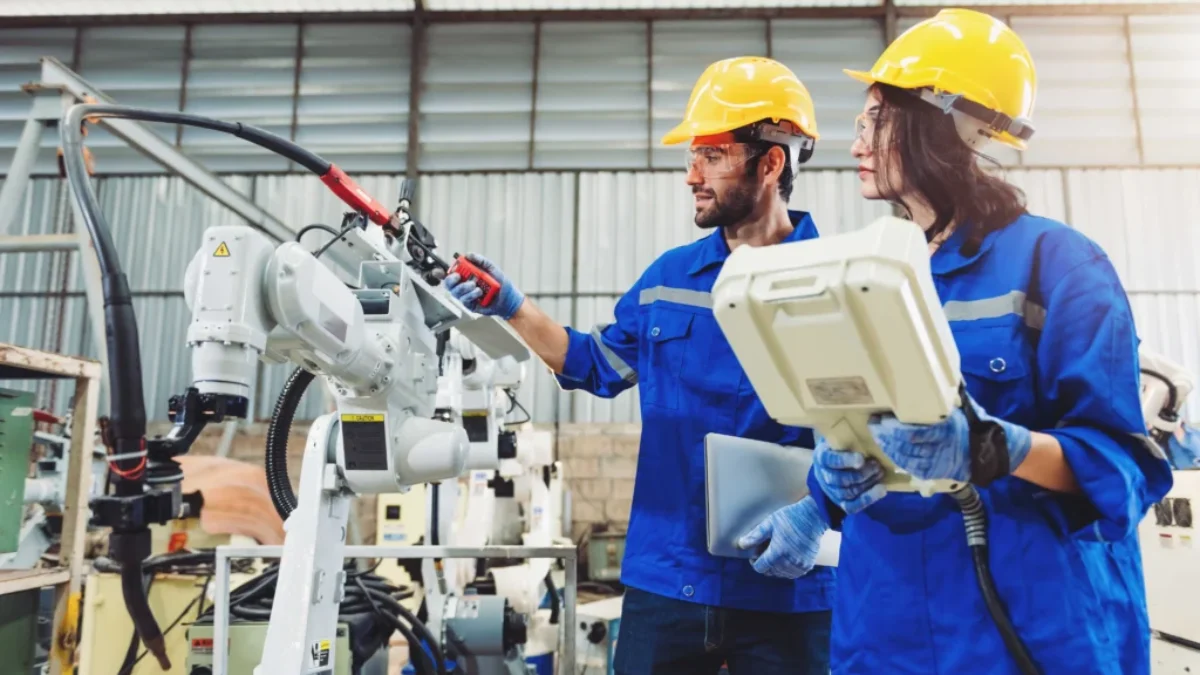 Muž a žena v hale s pracovním robotem.