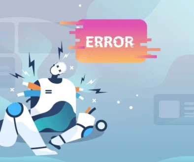 Rozbitý robot leží pod nápisem error