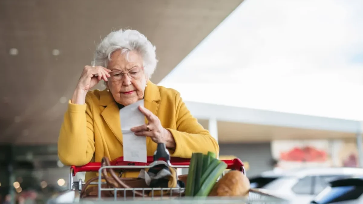 Starší dáma čte účtenku cestou z nákupu