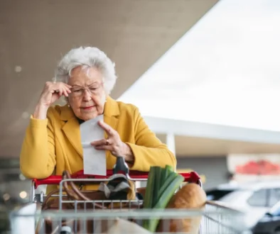 Starší dáma čte účtenku cestou z nákupu