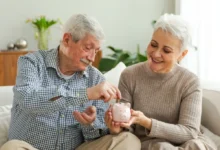 Dva důchodci hází peníze do kasičky