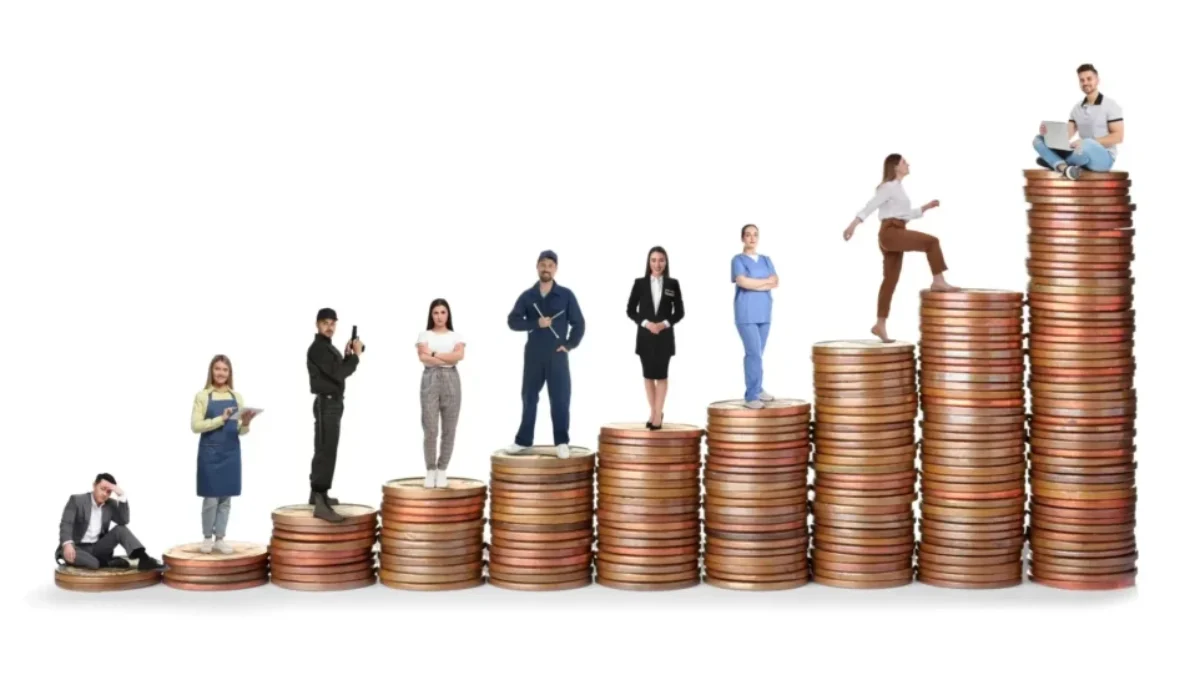 Lidé různých profesí stojí na komínku z mincí