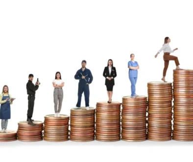 Lidé různých profesí stojí na komínku z mincí