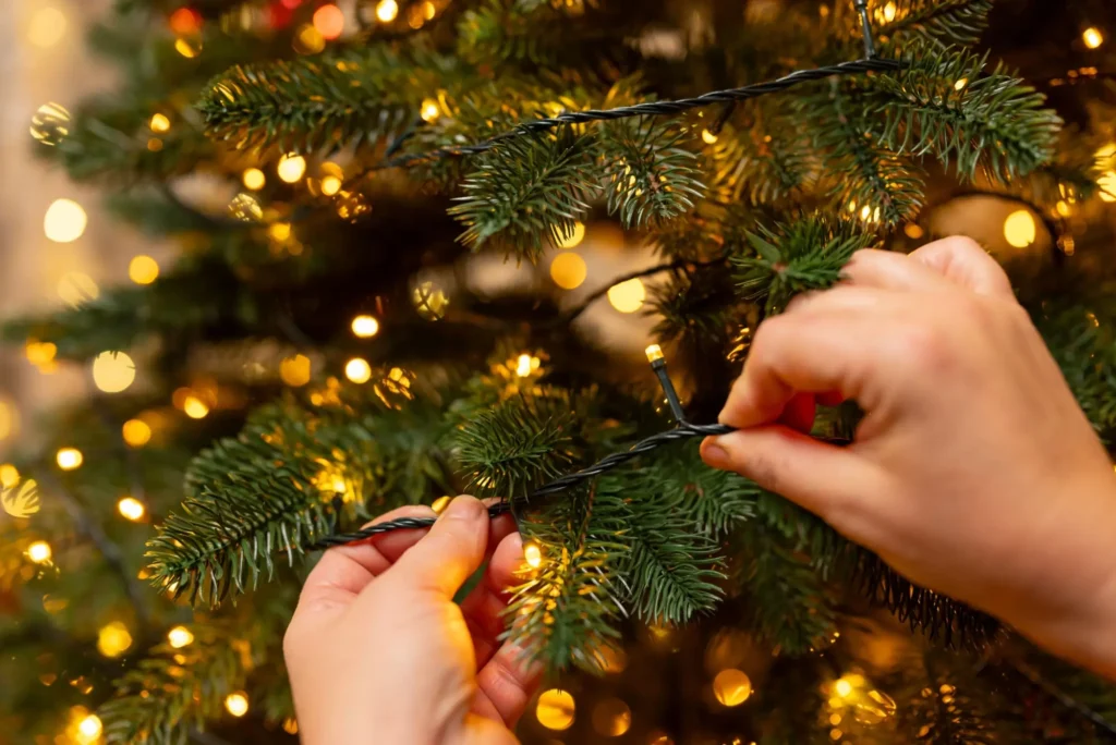 Připevňování vánočních světýlek na větvičku od stromečku