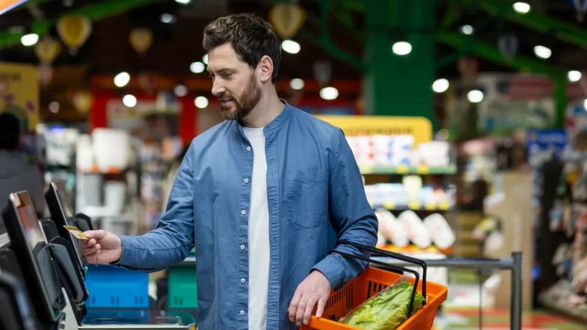 Muž s nákupním košíkem u samoobslužné pokladny